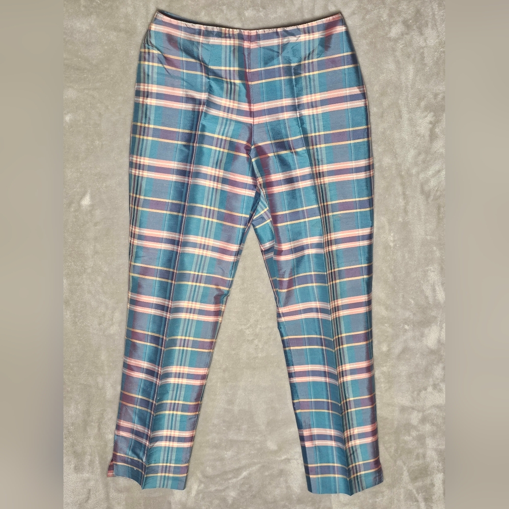 POLO RALPH LAUREN Vintage Cropped 90s Plaid 100% Silk Cigarette Pants Size:4 Zip